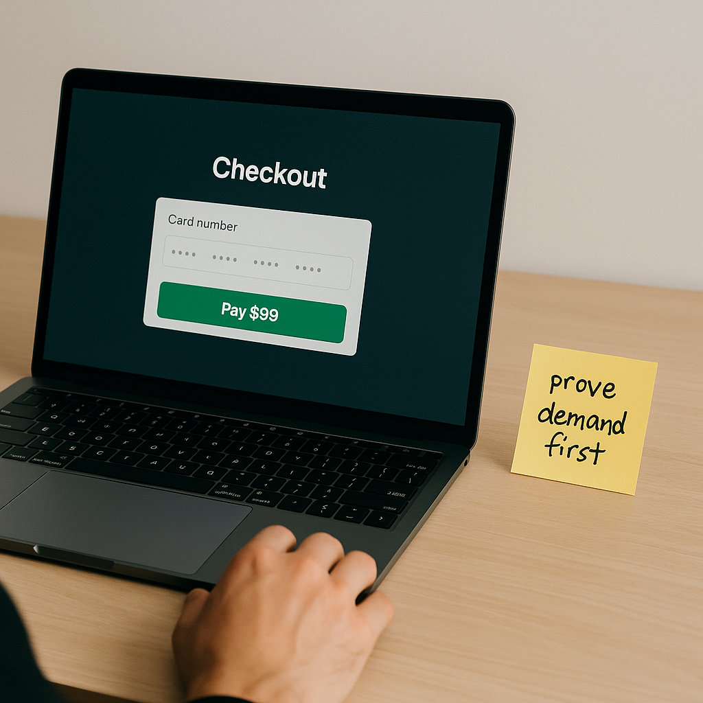 Laptop with a checkout page open and sticky note with 'Prove Demand' written on it